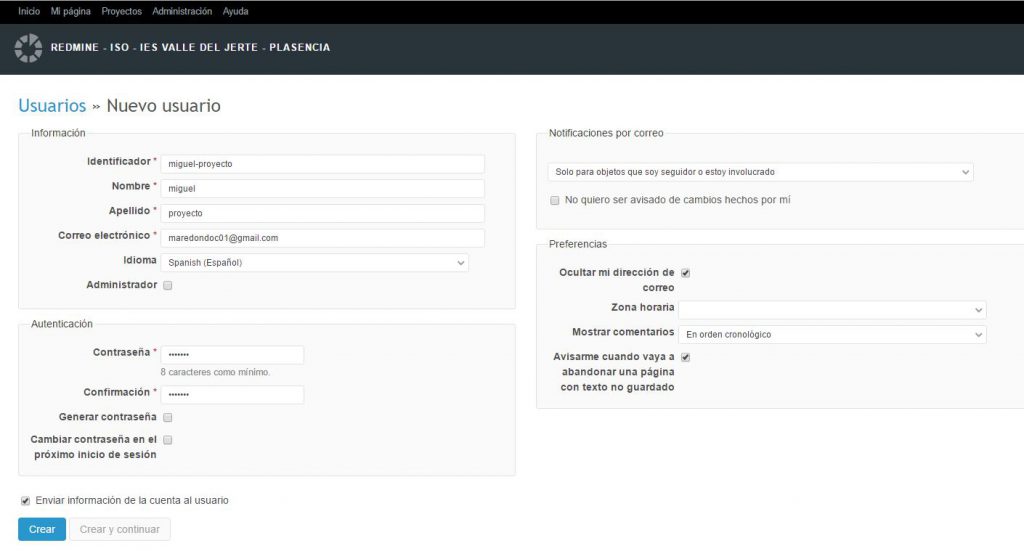 creacion usuario